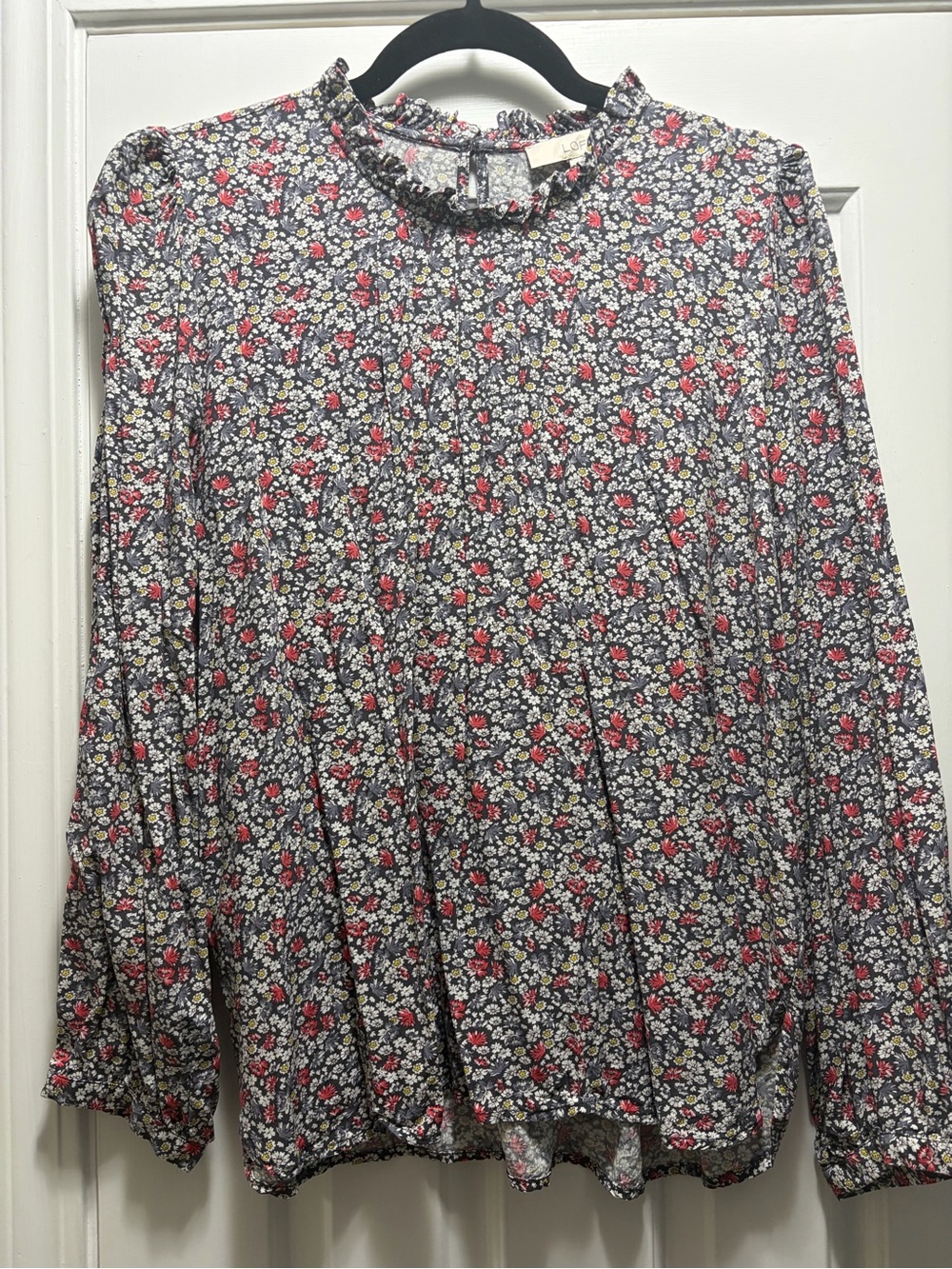 LOFT Navy Floral Ruffle-Neck Long Sleeve Blouse